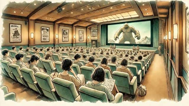 平成時代の劇場でゴジラ映画を観ている観客たち