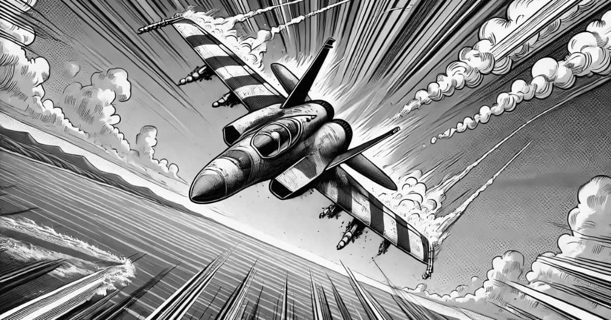 海に墜落しそうな戦闘機のイラスト